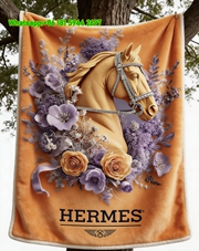 Hermès Golden Horse & Purple Floral Flannel Fleece Throw Blanket IMG_4971